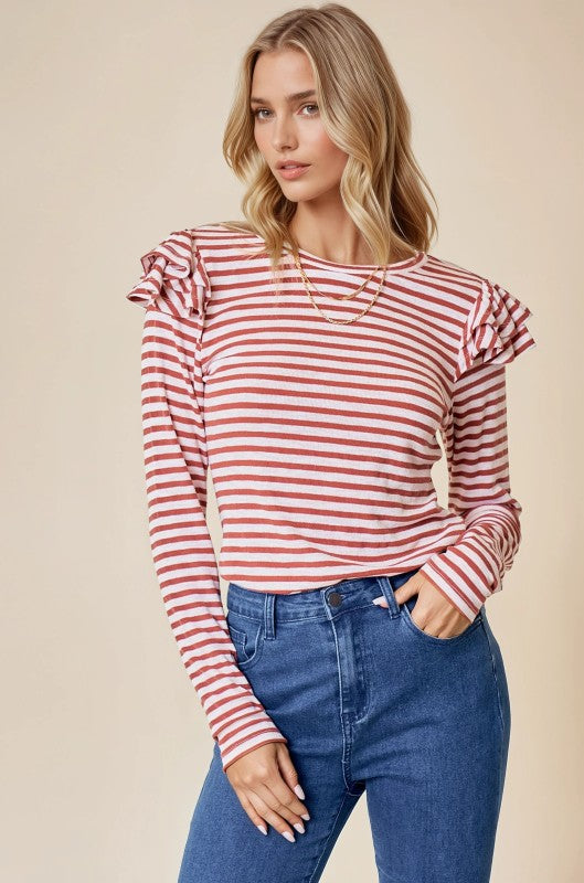 Beth Ruffle Shoulder Stripe Top
