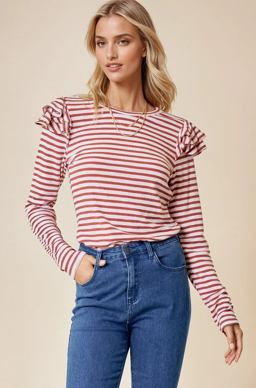Beth Ruffle Shoulder Stripe Top
