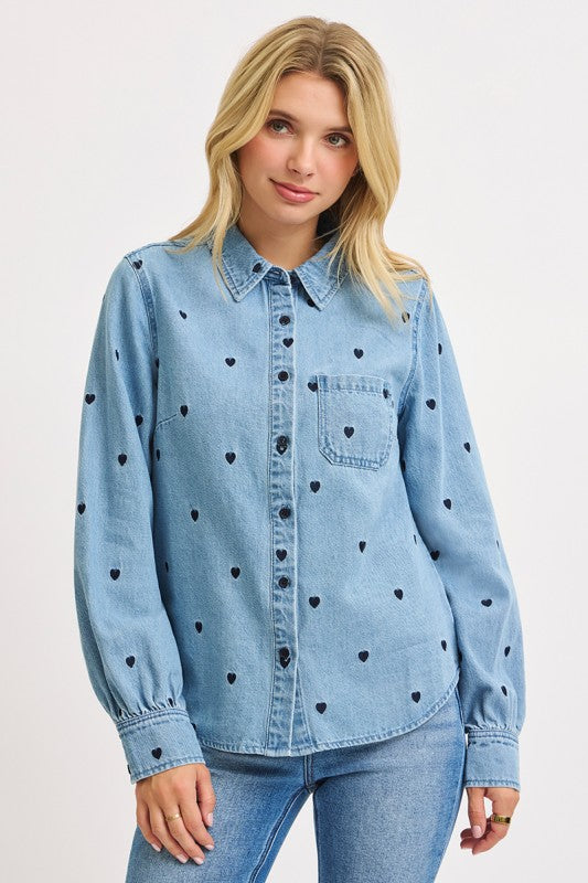 Lover Embroidered Button Down Top
