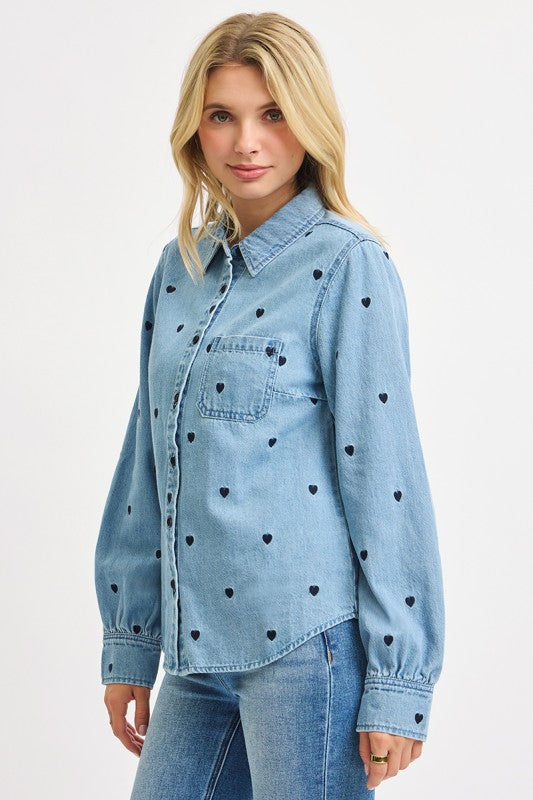 Lover Embroidered Button Down Top