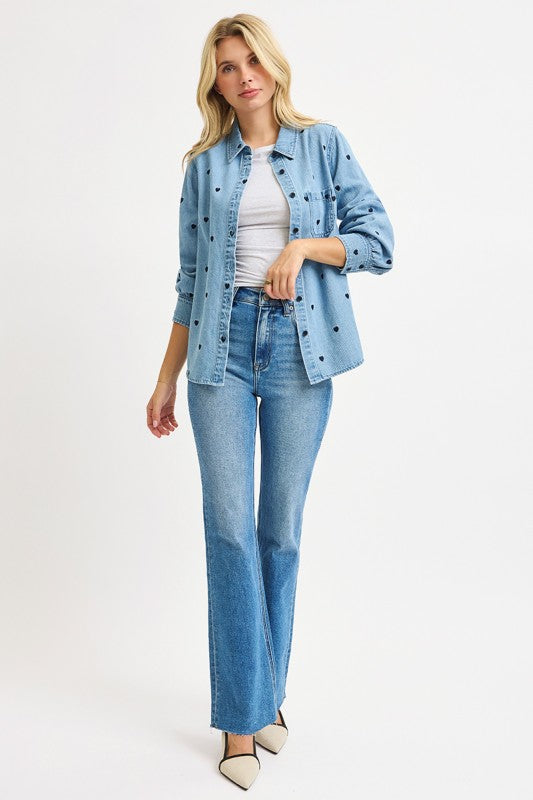 Lover Embroidered Button Down Top