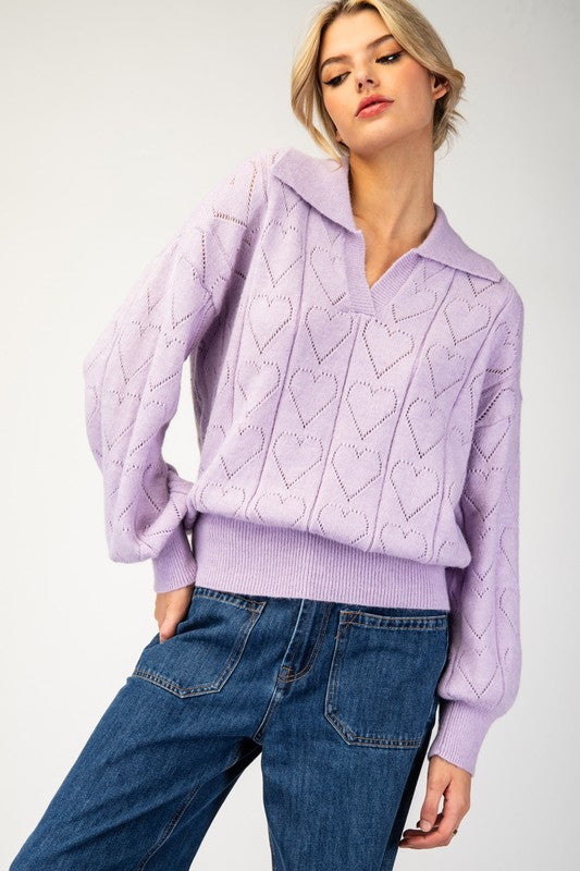 Holey Heart Collared Sweater (Lavender)