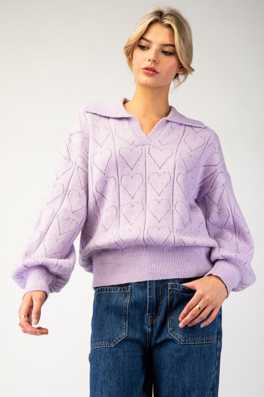 Holey Heart Collared Sweater (Lavender)
