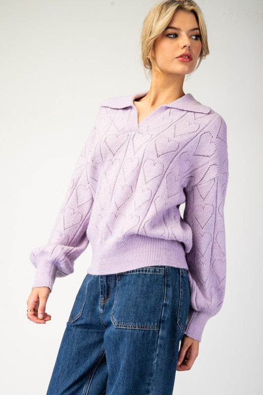 Holey Heart Collared Sweater (Lavender)