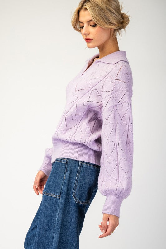 Holey Heart Collared Sweater (Lavender)