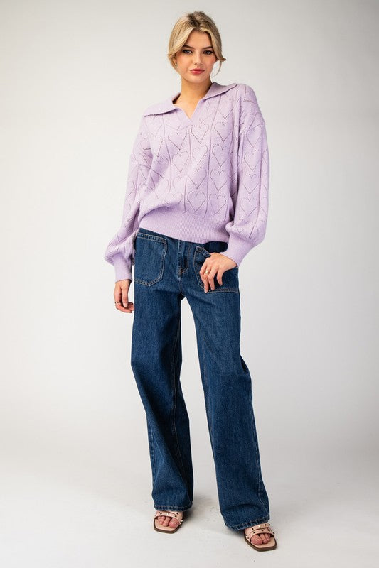 Holey Heart Collared Sweater (Lavender)