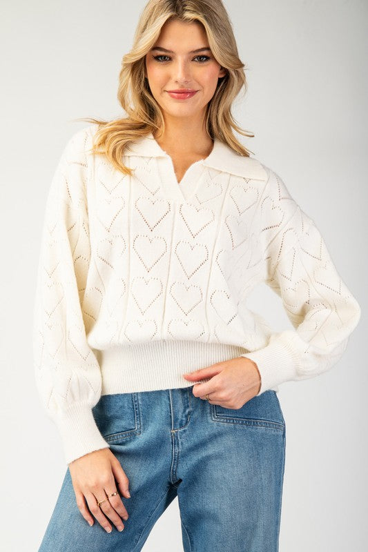 Holey Heart Collared Sweater (Ivory)