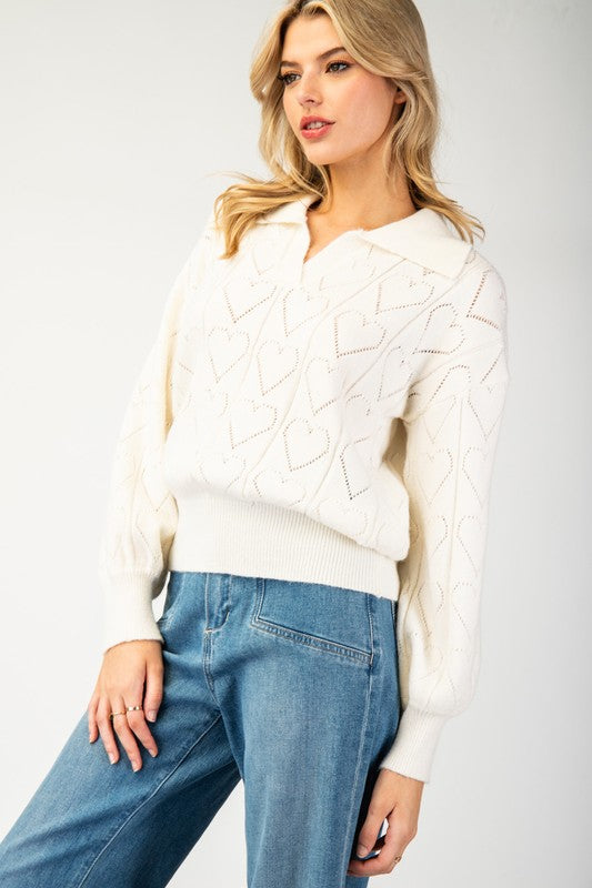 Holey Heart Collared Sweater (Ivory)