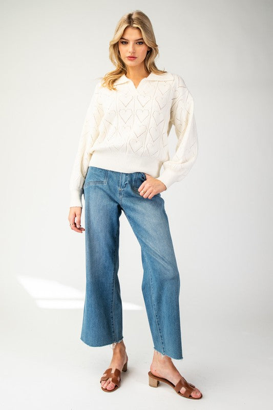 Holey Heart Collared Sweater (Ivory)