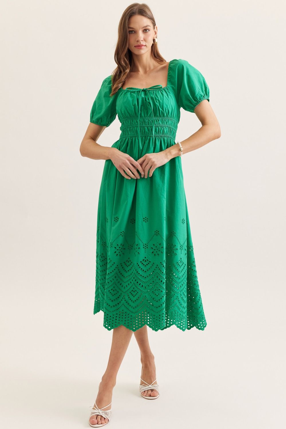 Sheri Puff Sleeve Eyelet Midi Dress