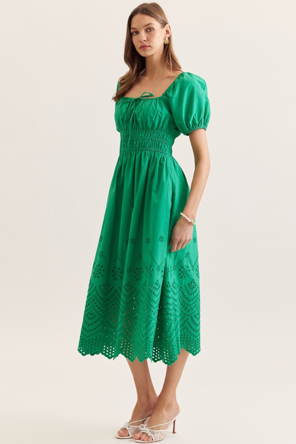 Sheri Puff Sleeve Eyelet Midi Dress