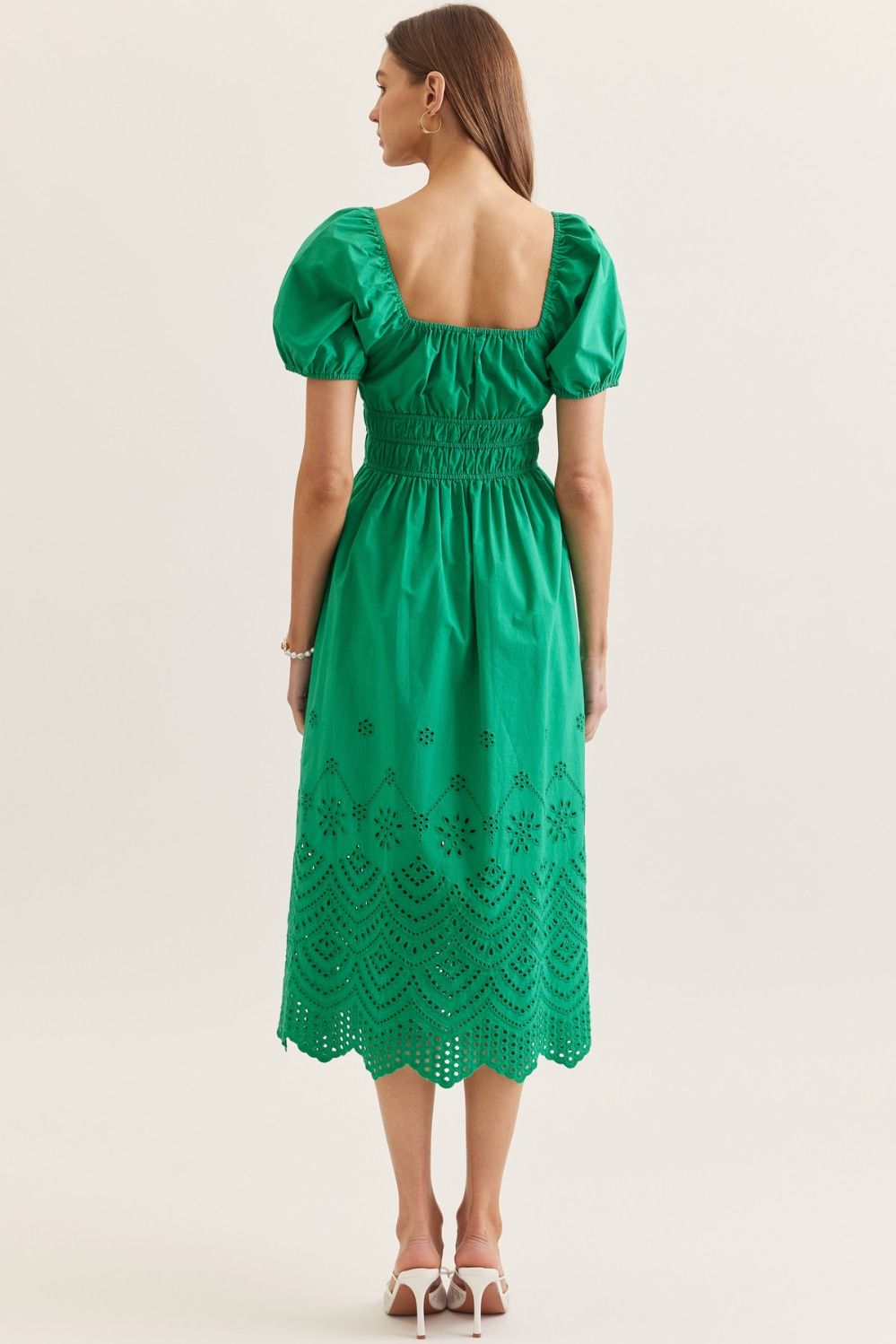 Sheri Puff Sleeve Eyelet Midi Dress