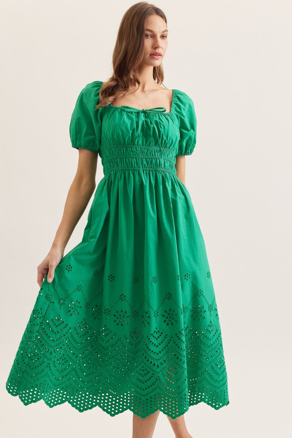 Sheri Puff Sleeve Eyelet Midi Dress
