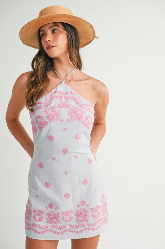 Vangie Embroidered Halter Mini Dress