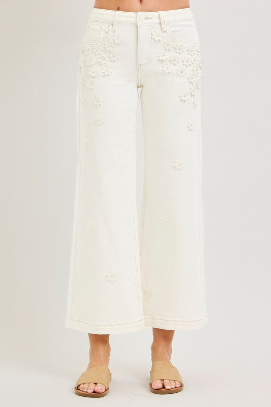 Daria Mid Rise Crop Wide Flower Detail Jeans
