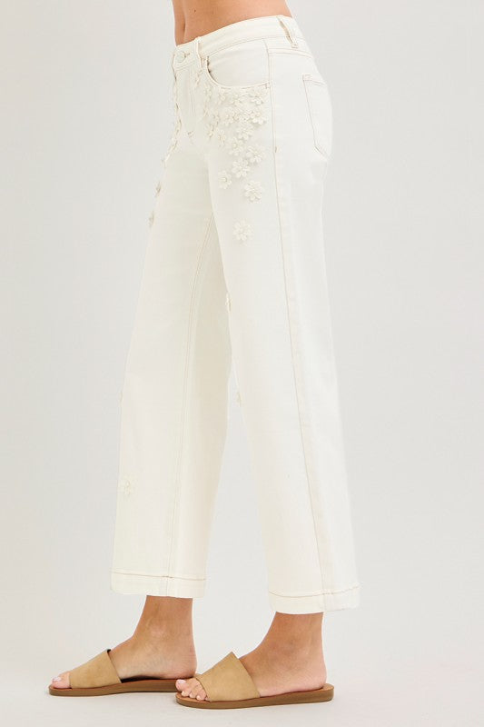 Daria Mid Rise Crop Wide Flower Detail Jeans
