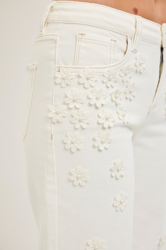 Daria Mid Rise Crop Wide Flower Detail Jeans