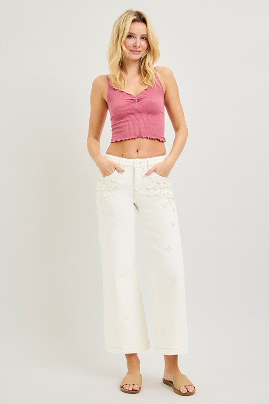 Daria Mid Rise Crop Wide Flower Detail Jeans