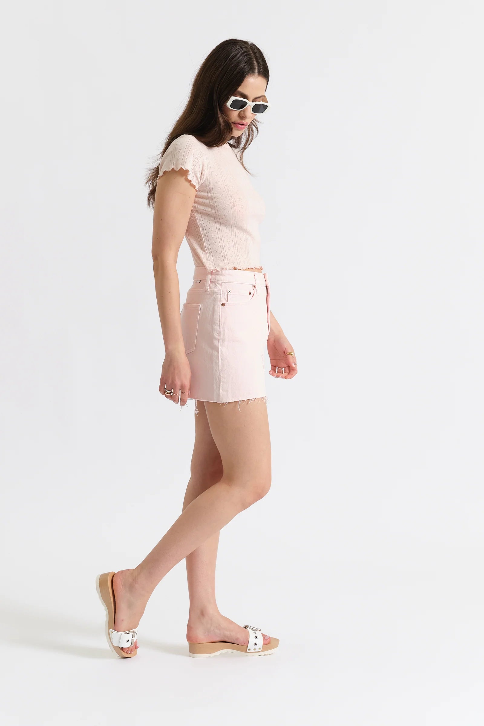 DAZE Malibu Mid-Waist Denim Skirt (Think Pink)