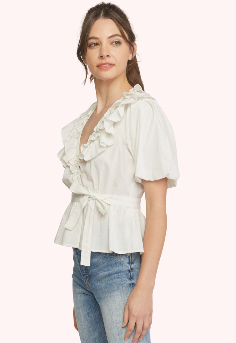 Simone Puff Sleeve Wrap Top (White)