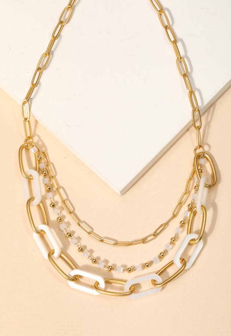 Layered Acetate Chain Link Necklace (White)