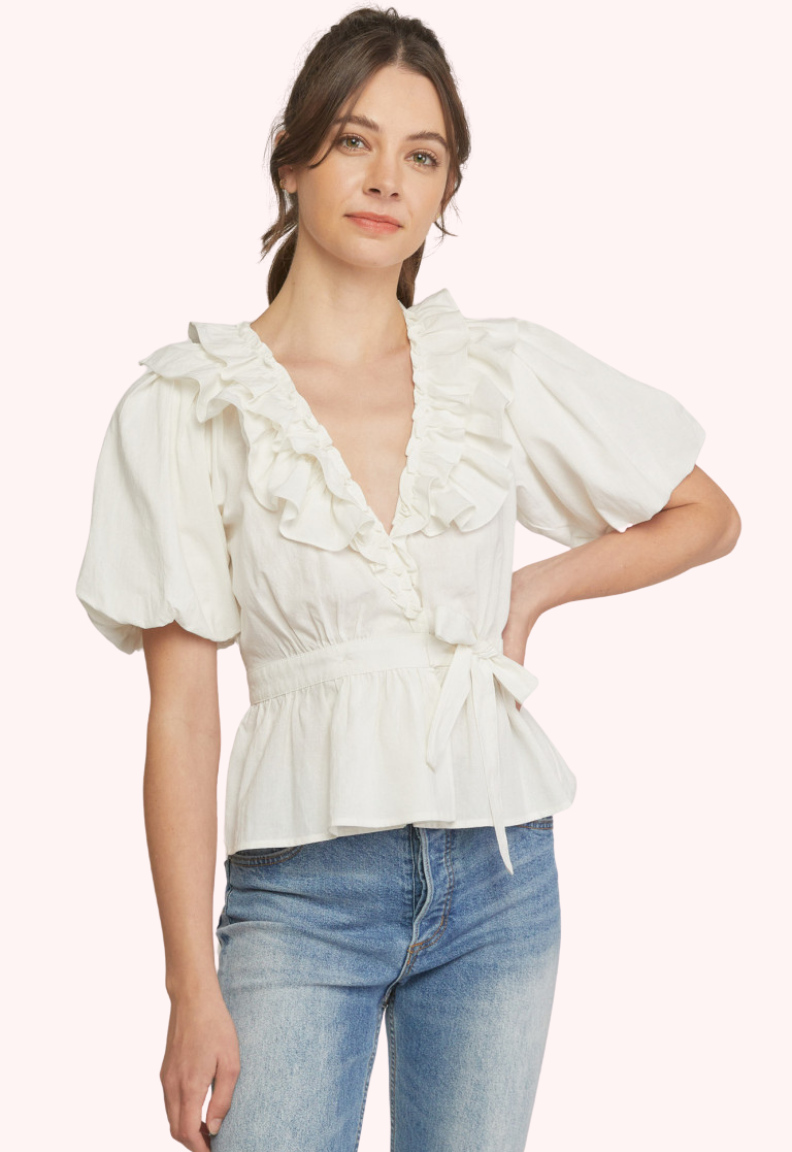 Simone Puff Sleeve Wrap Top (White)